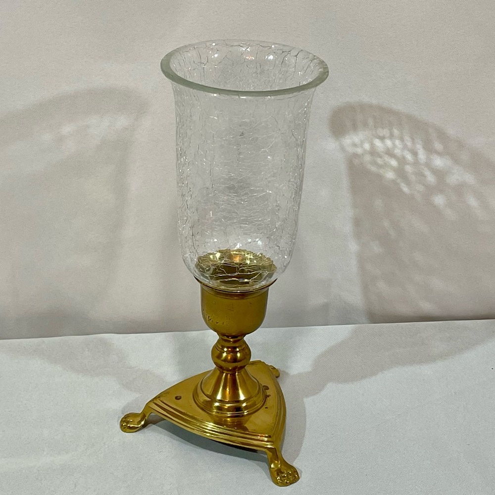 Vintage Pier 1 Crackle Glass Globe & Solid Brass Footed Candle Holder Tarnished